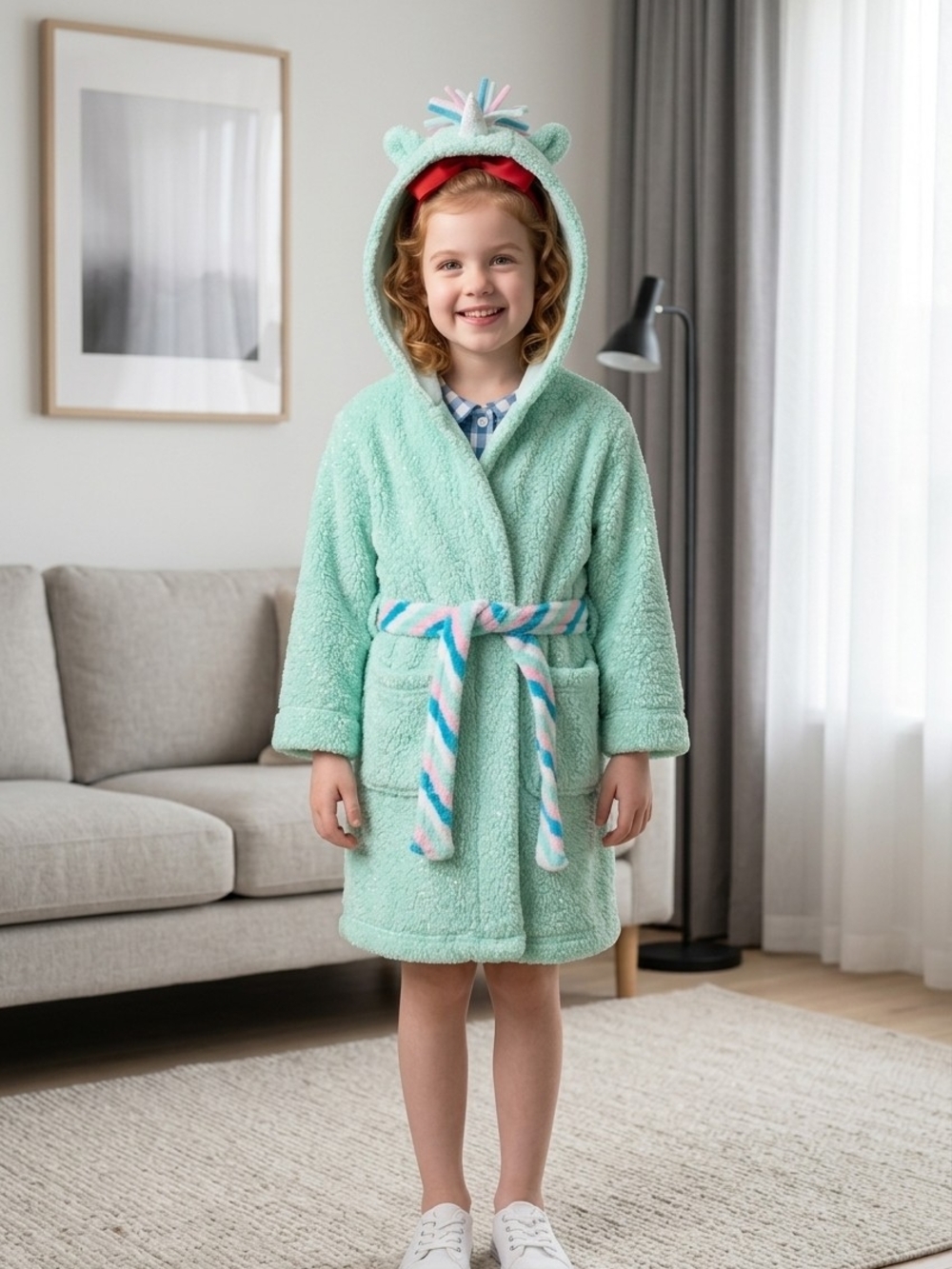 Cat & Jack Mint Green Sherpa Unicorn Robe 4T/5T 100% Polyester EUC